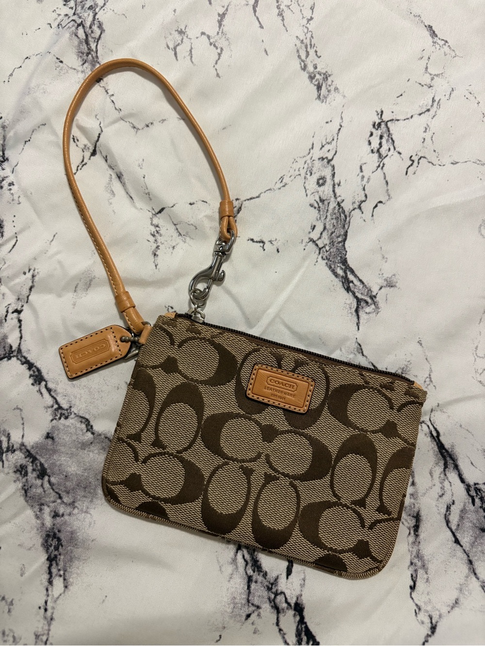 Coach Brown Signature Canvas Wristlet with Tan Leather Trim